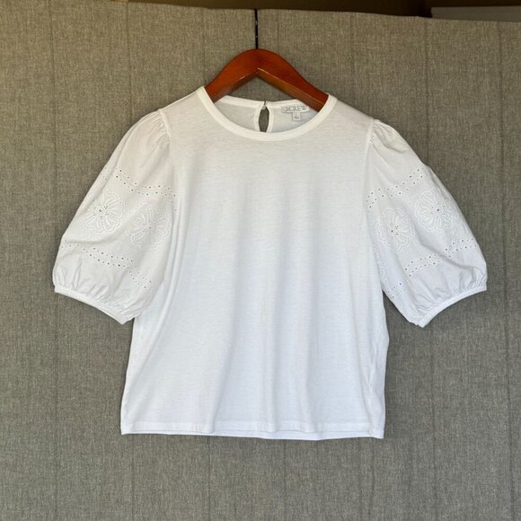 J. Crew Broken in Jersey White Eyelet Embroidered Puff Sleeve T Shirt Size Large - Picture 3 of 17